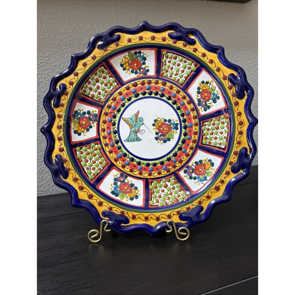 Talavera Casa La Paz Pueblo Mexico 12" Signed Pottery Plate‎ Hummingbird Floral